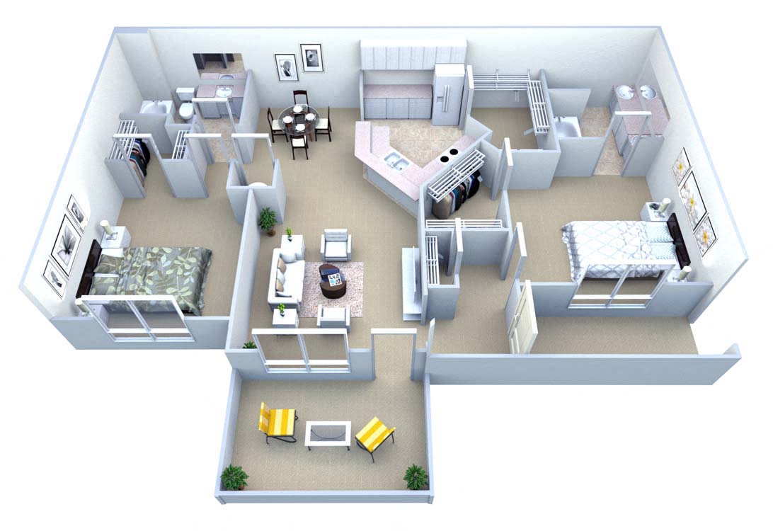 Floor plan for 2 beds, 2 baths, 1350 sqft